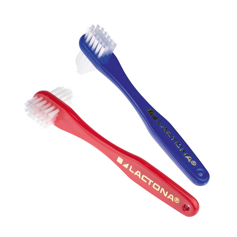 Lactona Prothese tandenborstel in rood en blauw met dubbele borstelkop