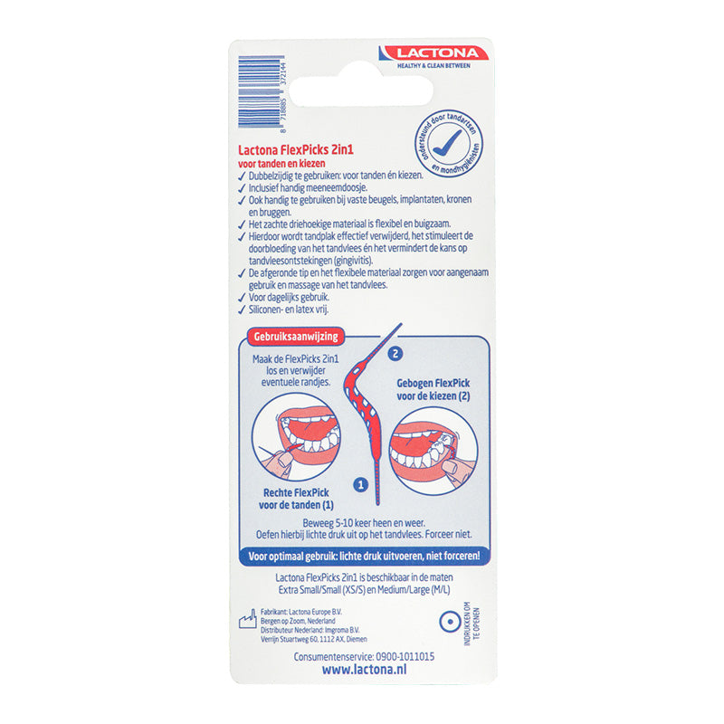 Lactona FlexPicks 2in1 M/L achterkant verpakking met gebruiksaanwijzing en productinformatie