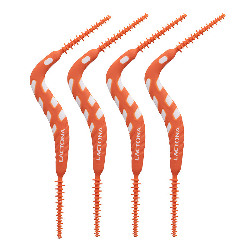 Lactona FlexPicks 2in1 M/L vier oranje flexibele tandenstokers met wit stippenpatroon