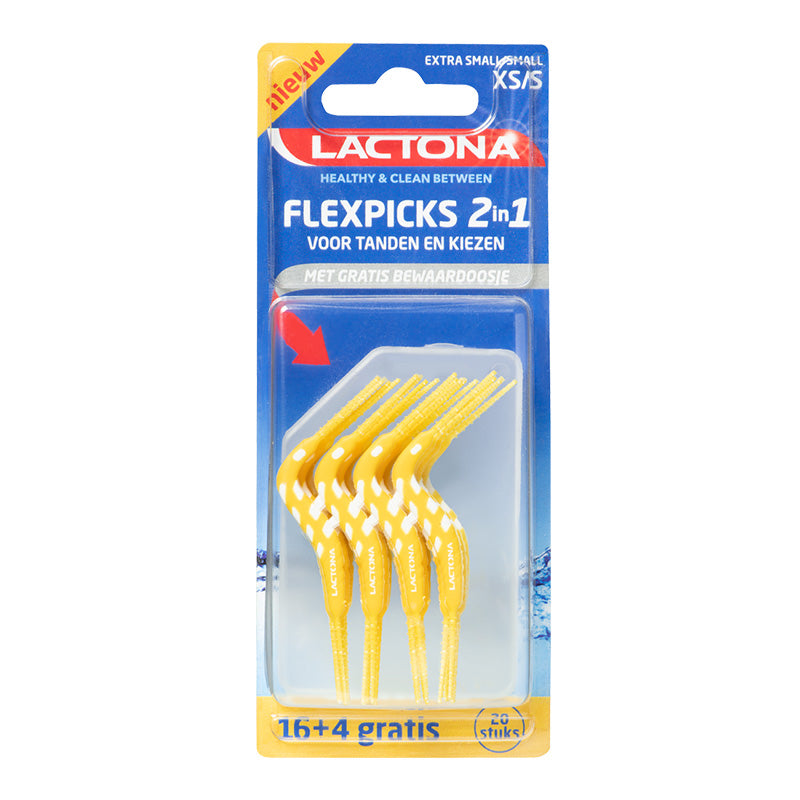 Lactona FlexPicks 2in1 XS/S verpakking met gele tandenstokers en bewaardoosje