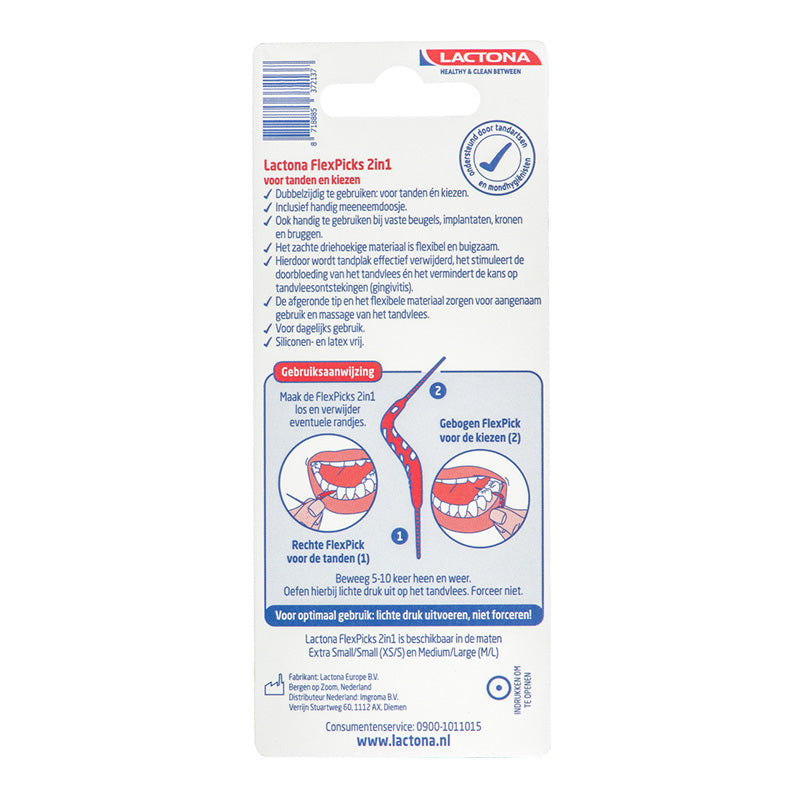 Lactona FlexPicks 2in1 XS/S achterkant verpakking met gebruiksaanwijzing en productinformatie