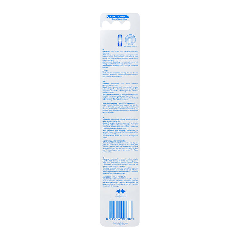 Lactona Nylon IQ Plus Soft tandenborstel achterkant verpakking met productinformatie