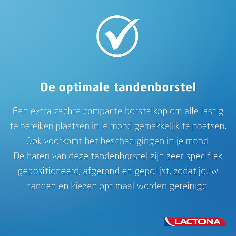 Lactona Nylon IQ Plus Soft tandenborstel tekst over optimale reiniging en zachte borstelkop