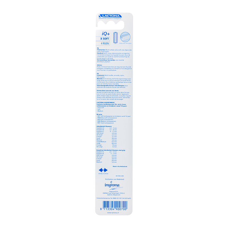 Lactona Nylon IQ Plus X-Soft tandenborstel achterkant verpakking met productinformatie