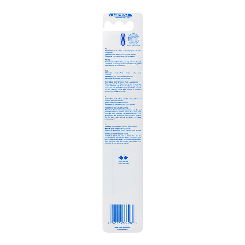Lactona Nylon M39 Soft tandenborstel achterkant verpakking met productinformatie