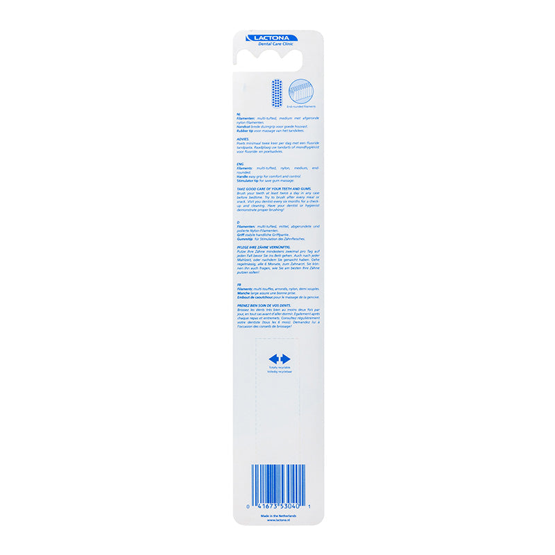 Lactona Nylon M40 Medium tandenborstel achterkant verpakking met productinformatie