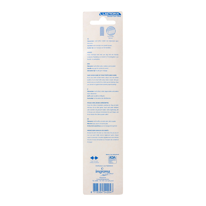 Lactona Nylon M40 Medium tandenborstel achterkant verpakking met productinformatie
