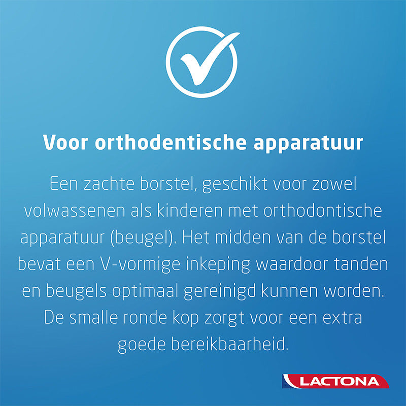 Lactona Orthodontic 201 infotekst over zachte borstel voor beugels met V-inkeping