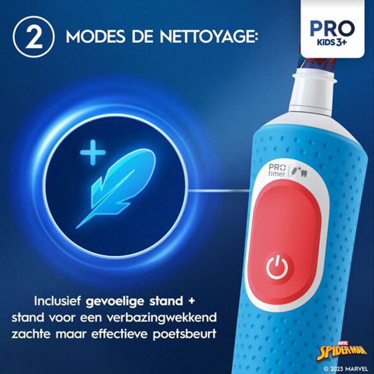 Oral-B Vitality Pro Kids Spiderman blauwe borstel met twee poetsstanden uitgelegd