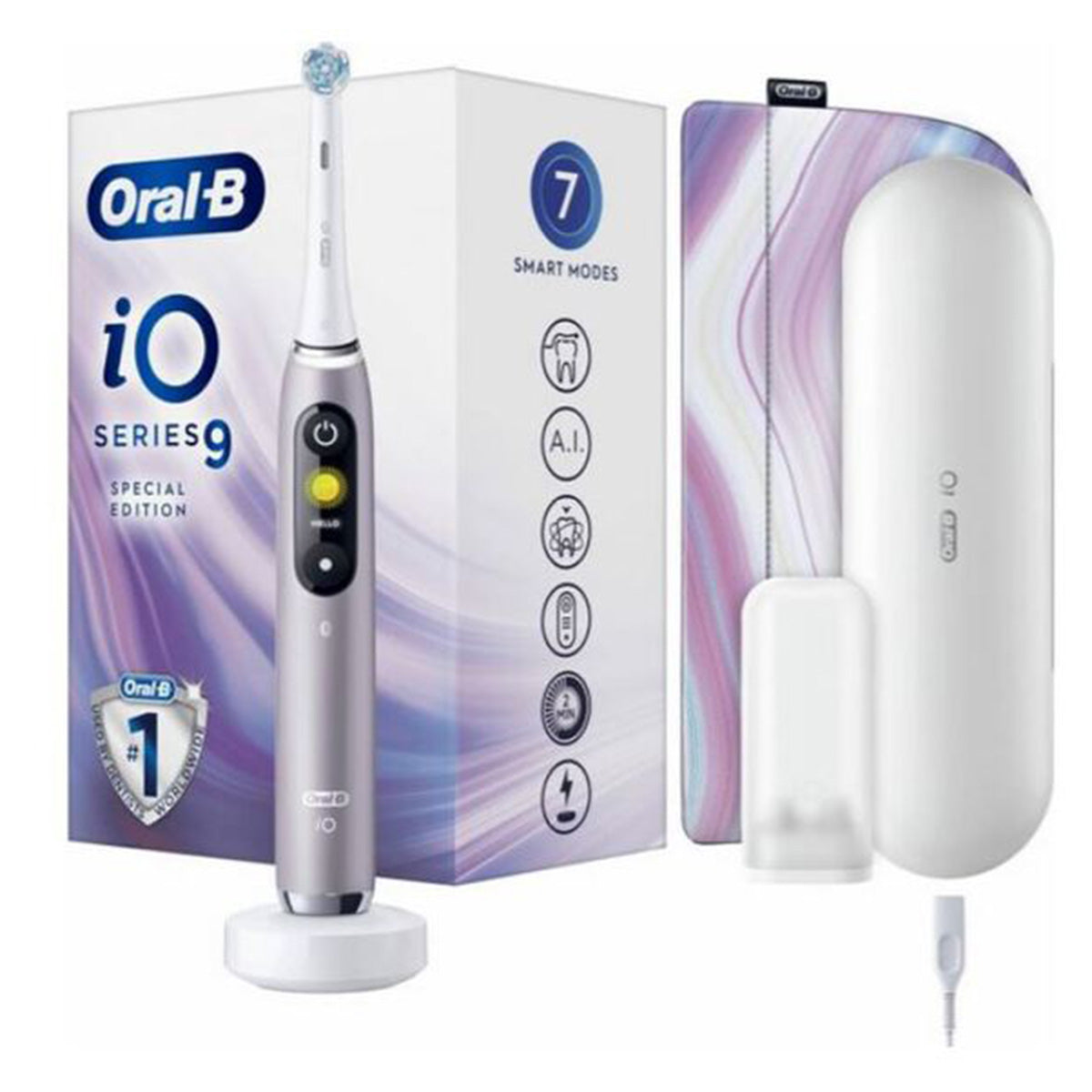 Oral-B iO 9 elektrische tandenborstel Roze Quartz met oplaadstandaard, doos en reisetui