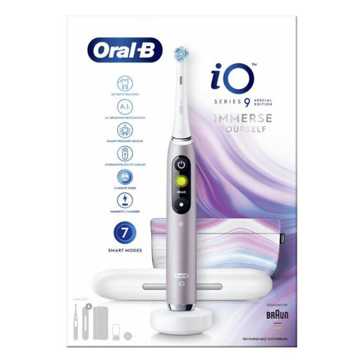 Oral-B iO 9 Special Edition verpakking met tandenborstel, oplaadstandaard en reisetui