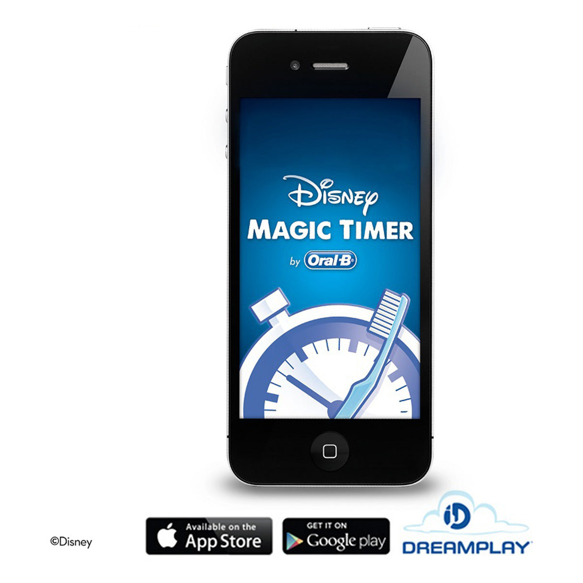Oral-B smartphone met Disney Magic Timer app-scherm en tandenborstel-icoon
