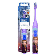 Oral-B Stages Power Kids Frozen op batterij, verpakking en paarse tandenborstel met Anna