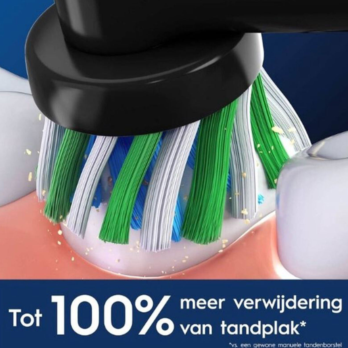 Oral-B Pro Cross Action opzetborstel op tand, tekst tot 100% meer tandplakverwijdering