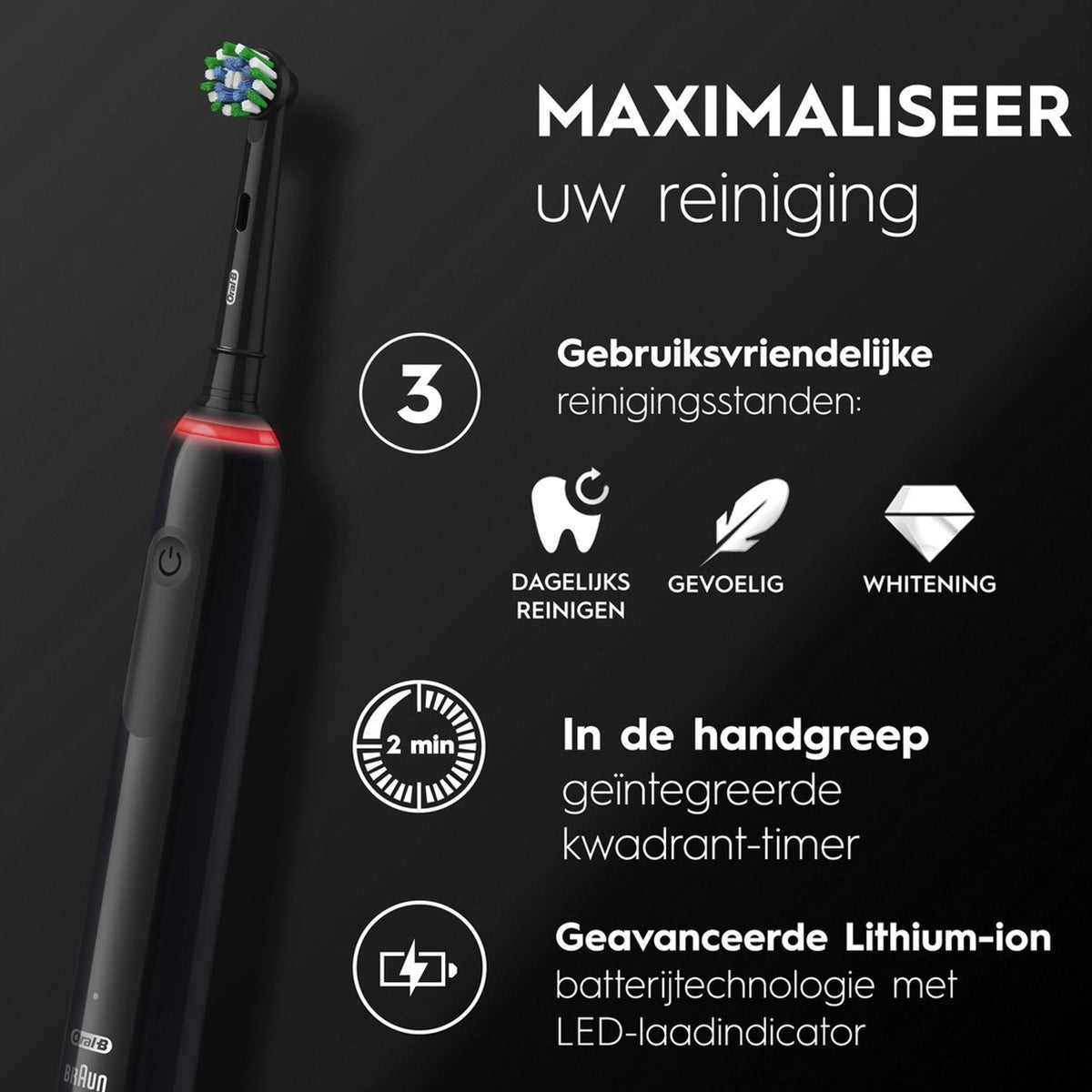 Oral-B PRO 3 3000 CrossAction Black Edition met 3 reinigingsstanden en timer uitgelegd