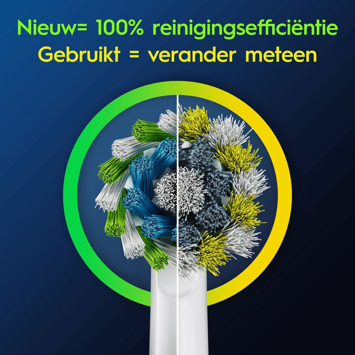 Oral-B PRO Cross Action opzetborstel nieuw versus gebruikt met tekst 100% reinigingsefficiëntie