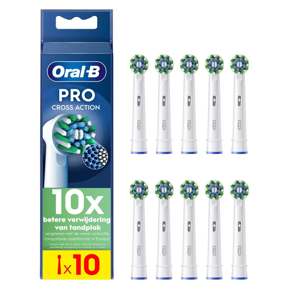 Oral-B PRO Cross Action opzetborstels wit, verpakking met 10 stuks ernaast