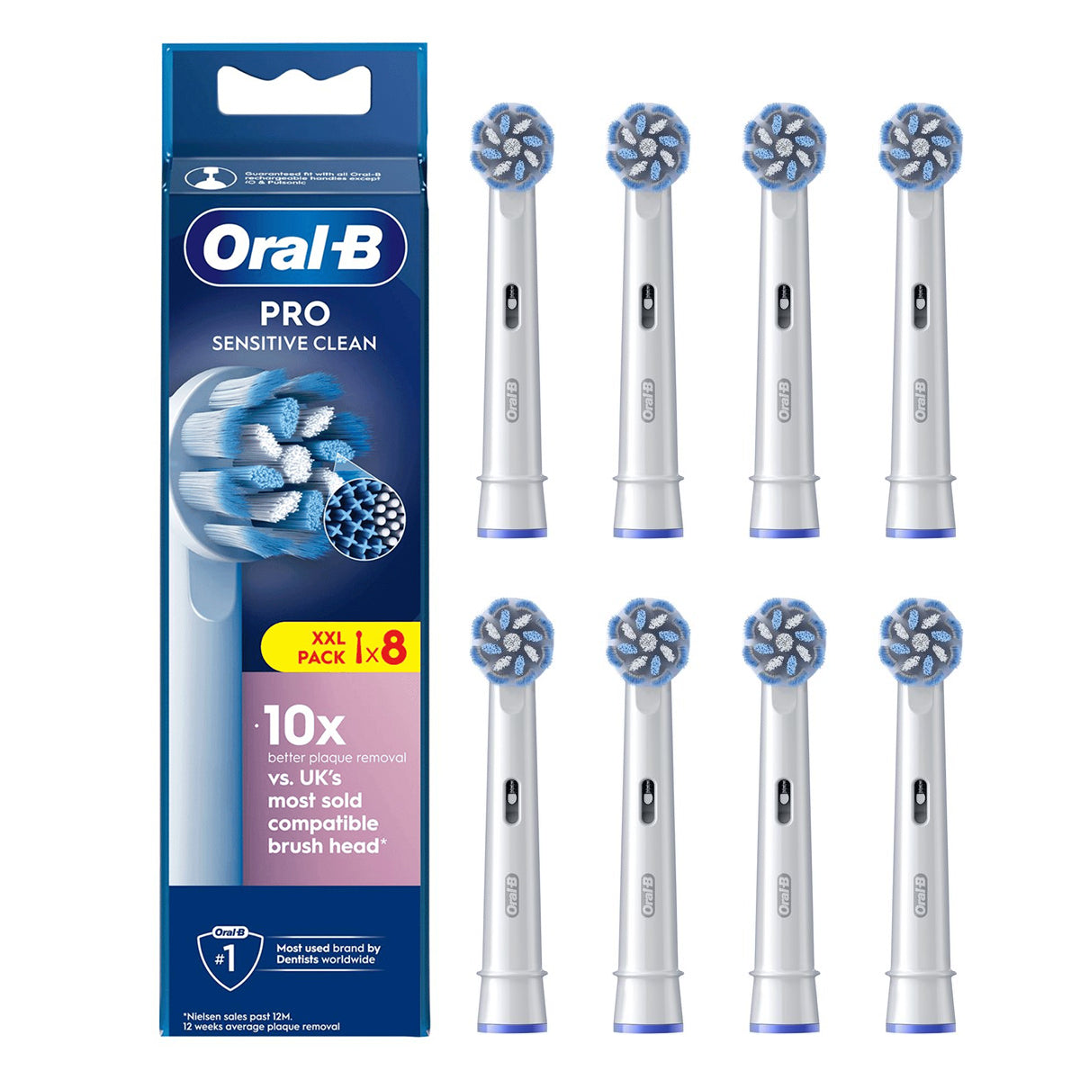 Oral-B PRO Sensitive Clean EB60X-8 opzetborstels naast verpakking met acht stuks
