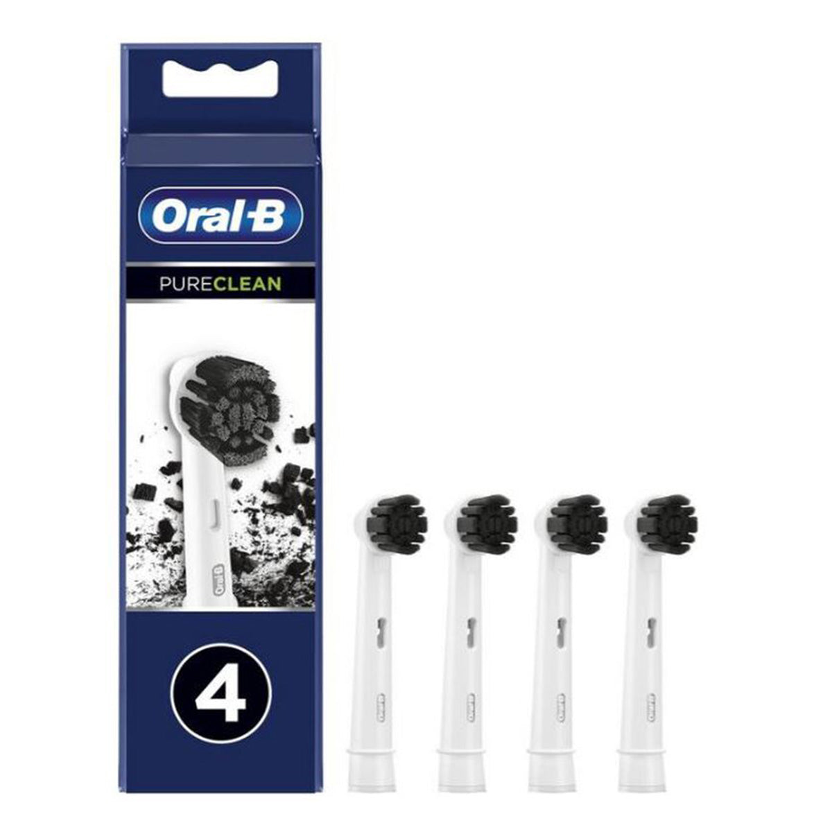 Oral-B Pure Clean opzetborstels verpakking met vier zwarte opzetborstels ernaast