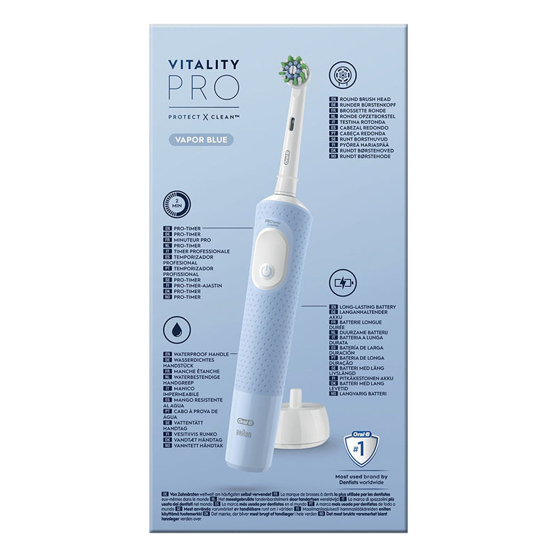 Oral-B Vitality Pro 103 verpakking met productkenmerken en pictogrammen in tekst