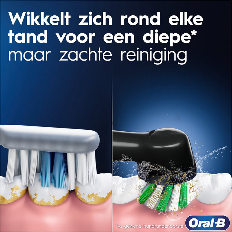 Oral-B Vitality Pro 103 blauw wikkelt zich rond tand voor diepe zachte reiniging