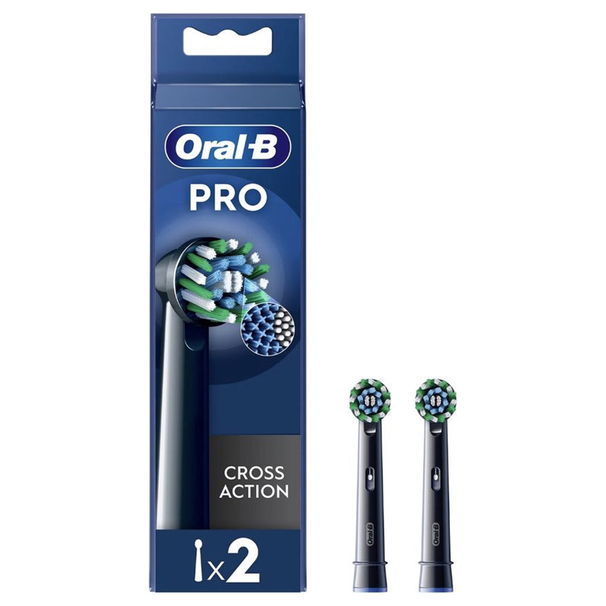 Oral-B PRO Cross Action Zwart opzetborstels verpakking met twee opzetborstels ernaast