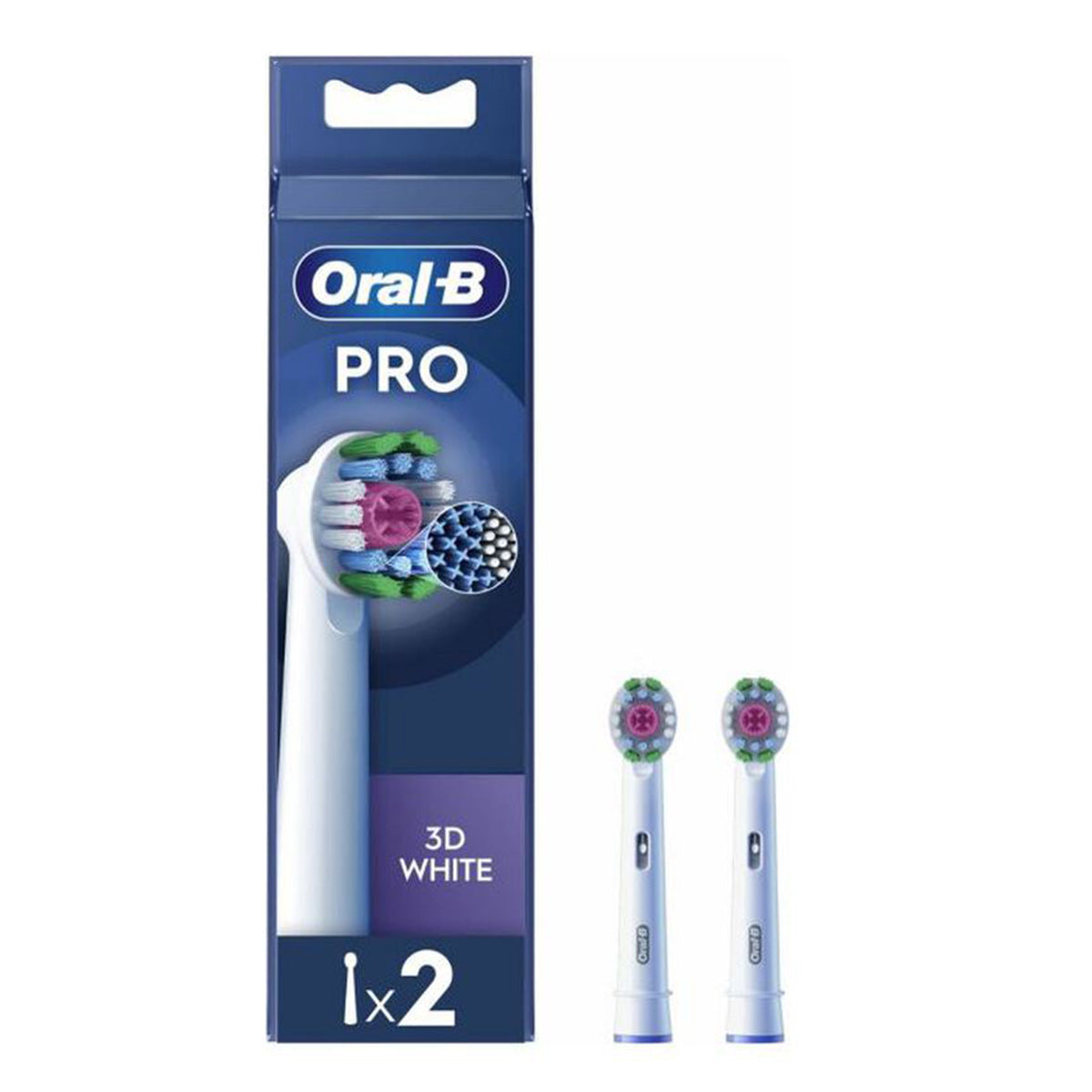 Oral-B 3D White PRO opzetborstels CleanMaximiser verpakking met twee opzetborstels ernaast