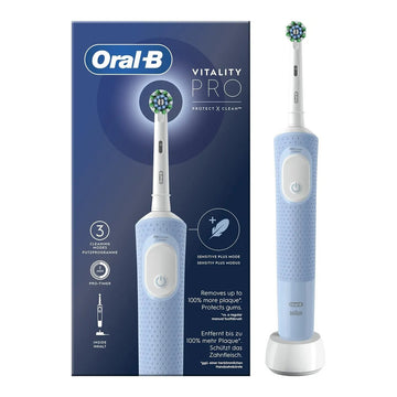 Oral-B Vitality Pro blauw elektrische tandenborstel met verpakking en oplaadstandaard