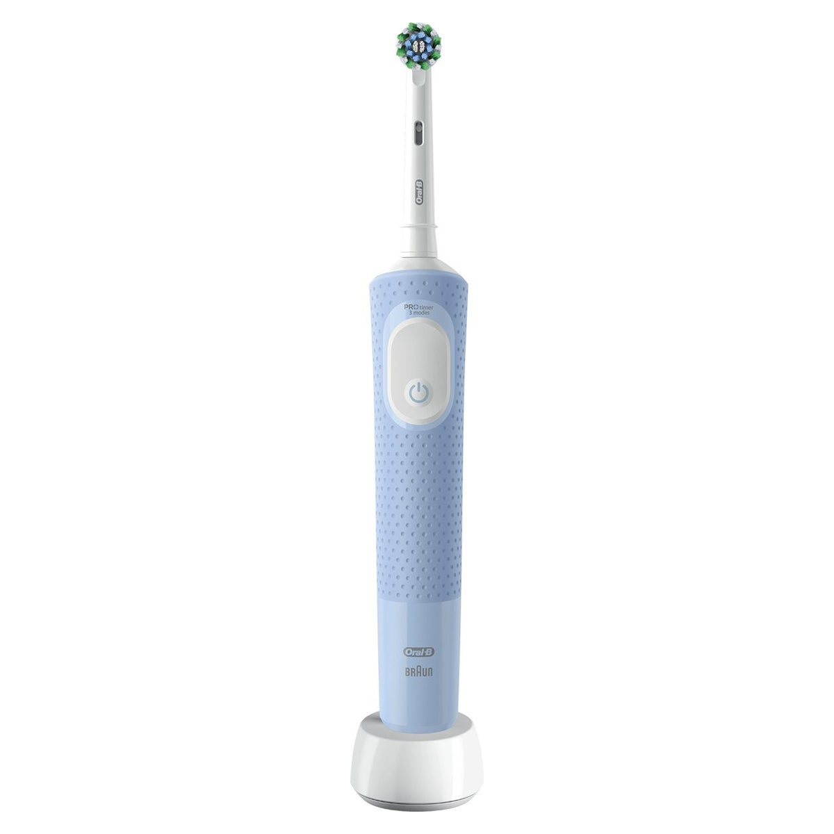 Oral-B Vitality Pro blauw elektrische tandenborstel rechtop op oplaadstandaard