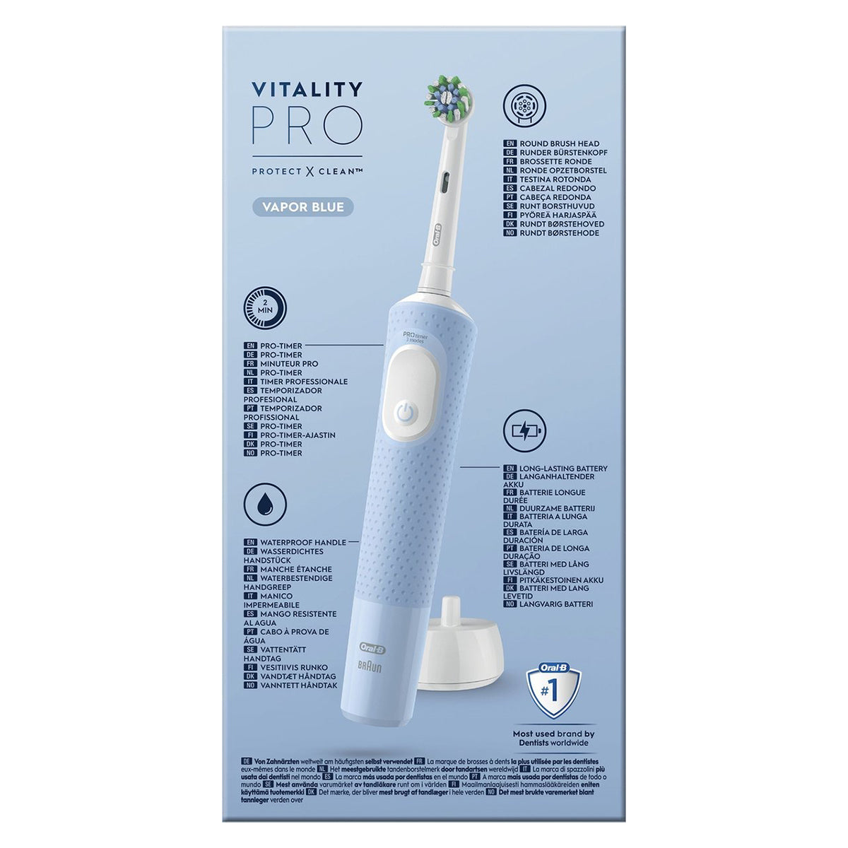 Oral-B Vitality Pro Vapor Blue achterkant verpakking met functies en kenmerken