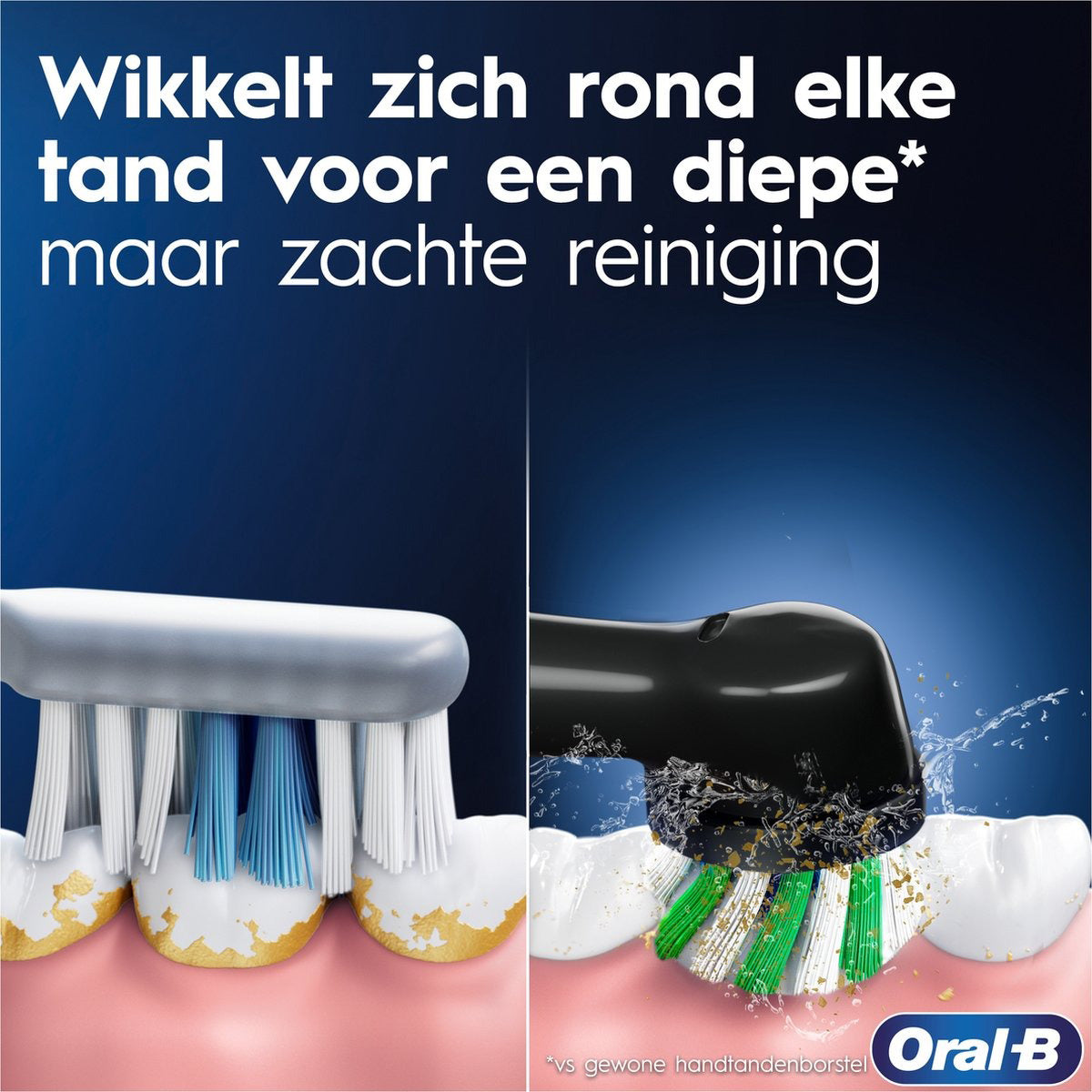 Oral-B Vitality Pro borstelkop wikkelt rond tand voor diepe zachte reiniging