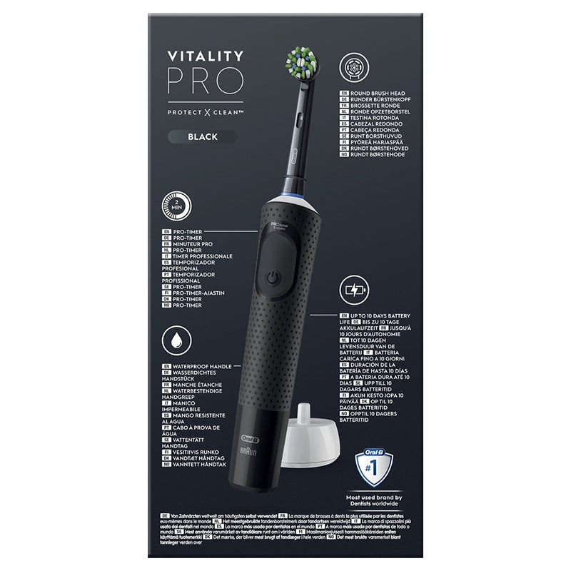 Oral-B Vitality Pro 103 zwart verpakking achterzijde met productkenmerken in meerdere talen