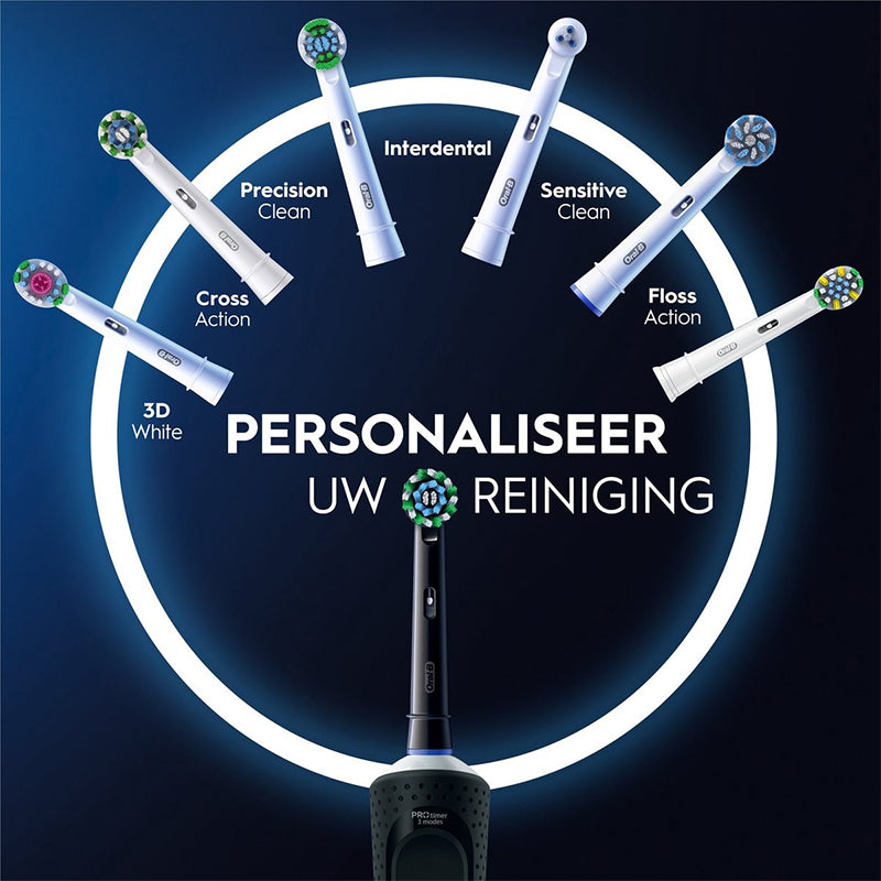Oral-B Vitality Pro 103 zwart met opzetborstels rond tekst personaliseer uw reiniging