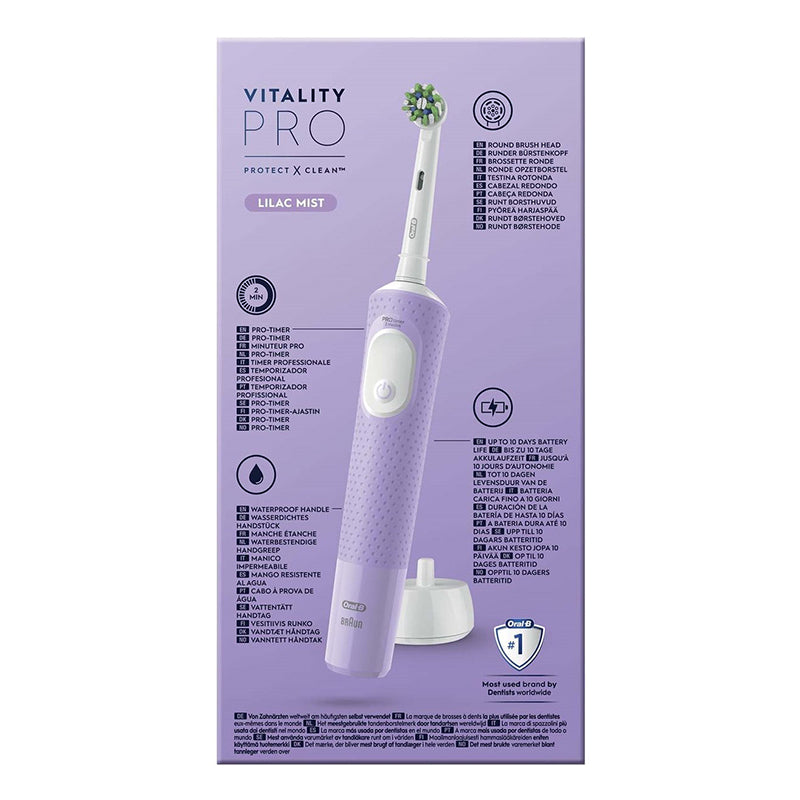 Oral-B Vitality Pro 103 lila verpakking achterkant met productkenmerken en oplader
