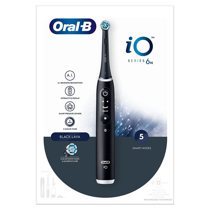 Oral-B iO 6 Black Lava verpakking met overzicht van slimme functies en 5 modi