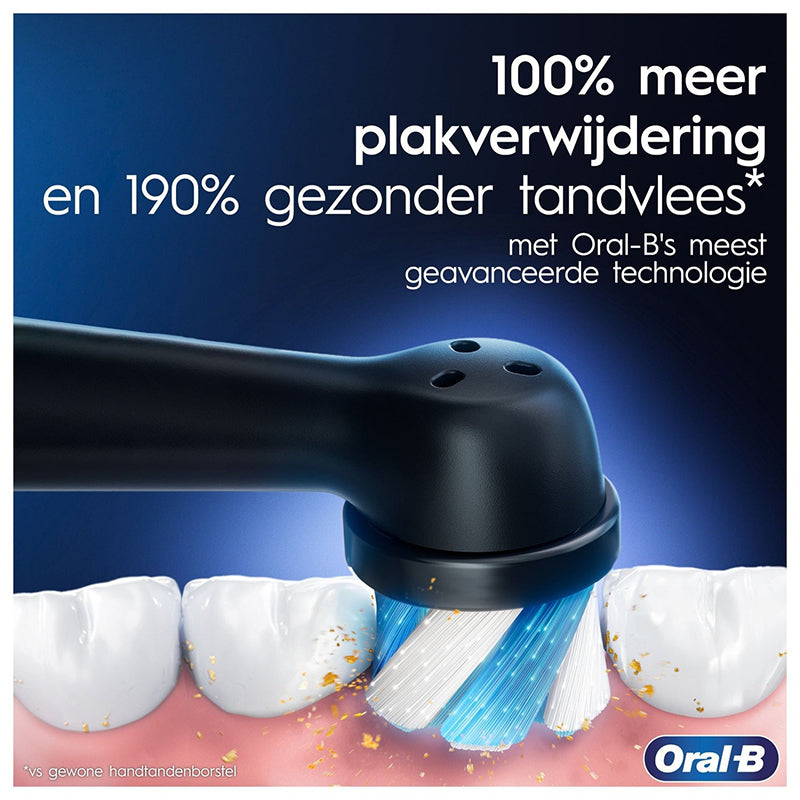 Oral-B iO 6 Black Lava borstelkop op tanden met tekst 100% meer plakverwijdering