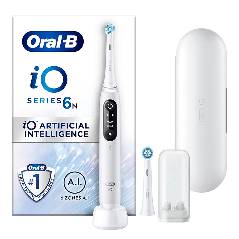 Oral-B iO 6 Grey Opal tandenborstel met opzetborstel, reisetui en verpakking