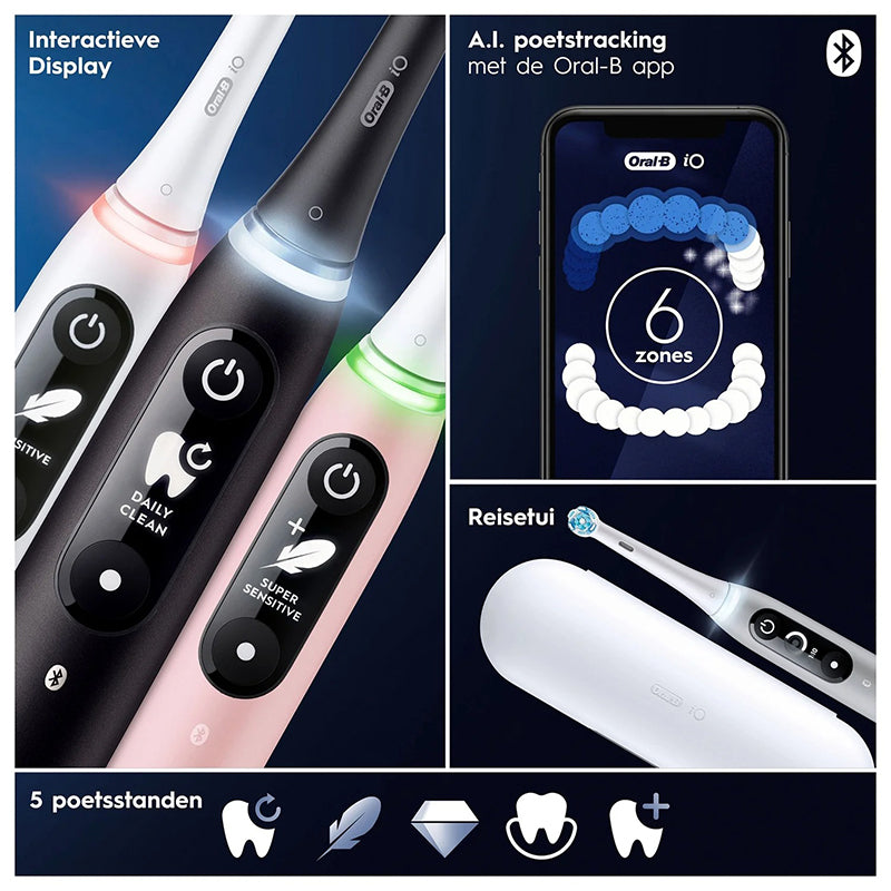 Oral-B iO 6 Grey Opal display, app-tracking met 6 zones, reisetui en 5 poetsstanden