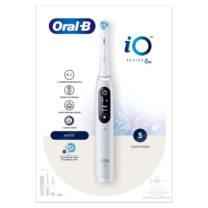 Oral-B iO 6 Grey Opal verpakking met witte tandenborstel en functie-iconen