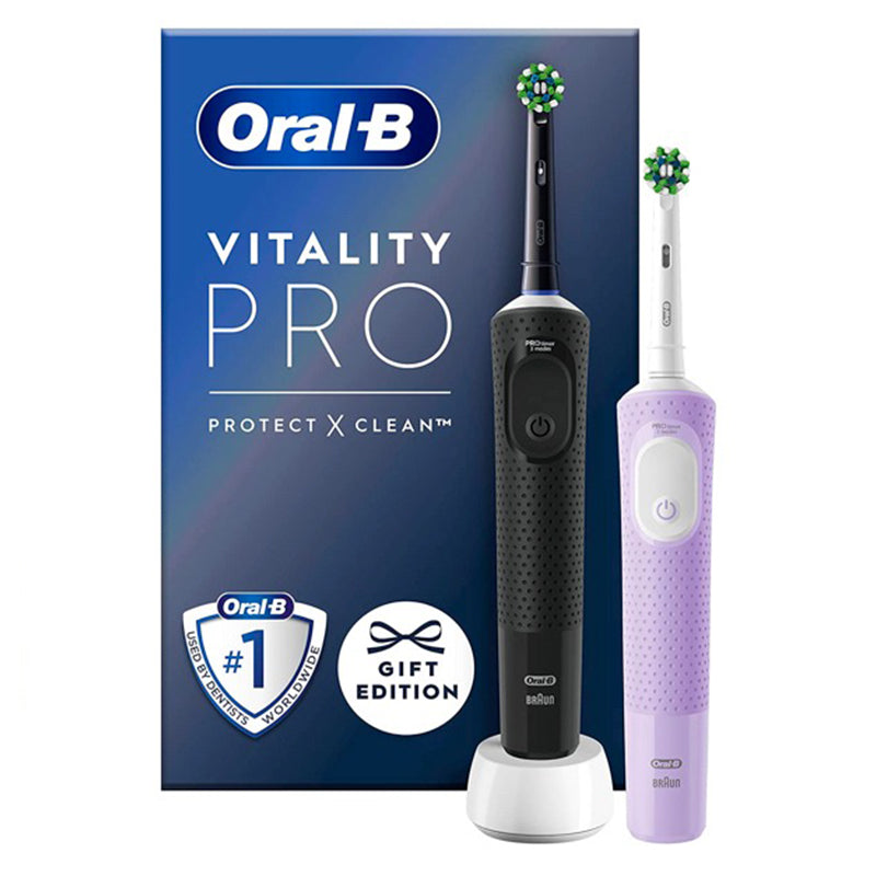 Oral-B Vitality Pro 103 elektrische tandenborstels in zwart en lila met verpakking