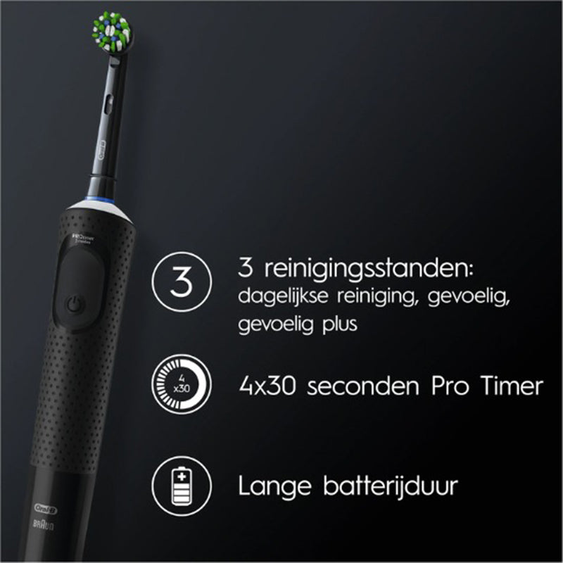 Oral-B Vitality Pro 103 zwart/lila met opsomming van reinigingsstanden, timer en batterijduur