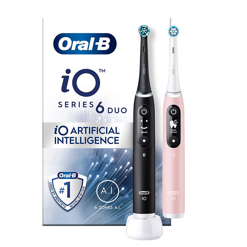 Oral-B iO 6 Black Lava/Pink Sand Duo verpakking met twee elektrische tandenborstels