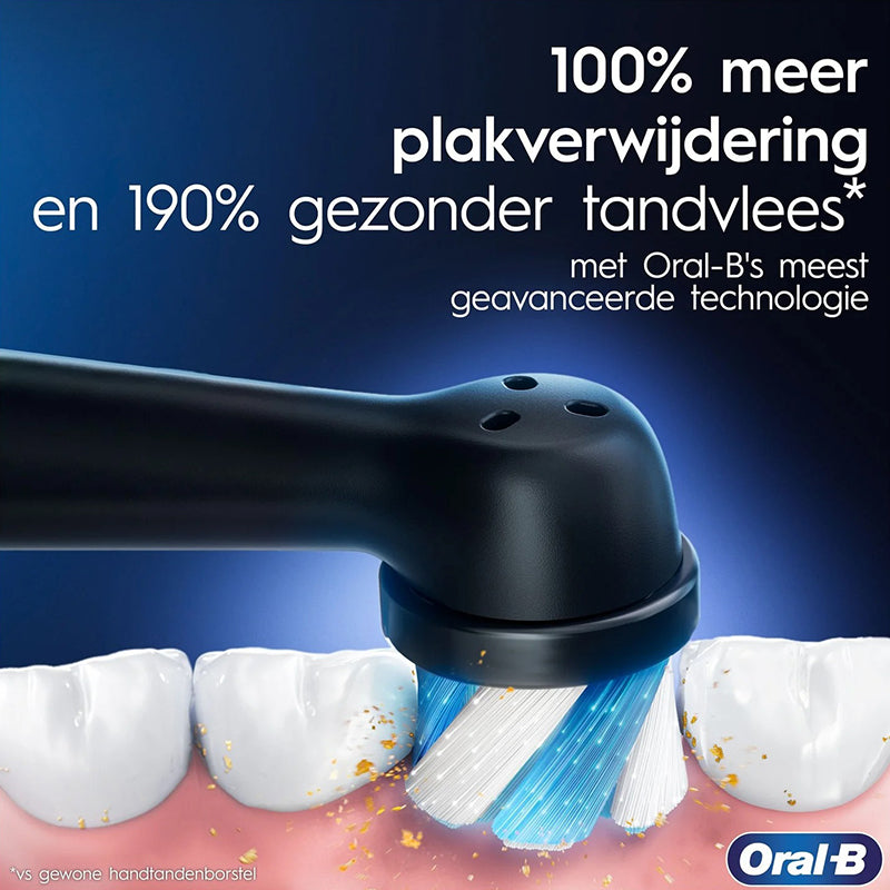 Oral-B iO 6 opzetborstel op tanden met tekst 100% meer plakverwijdering