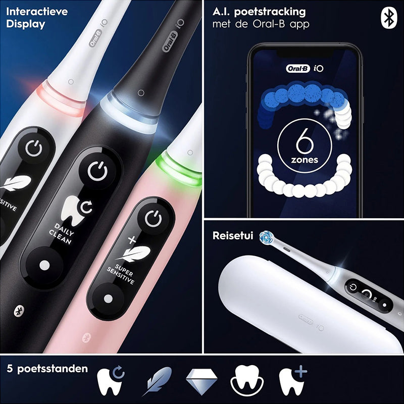 Oral-B iO 6 collage met interactief display, poetstracking-app, 5 poetsstanden en reisetui
