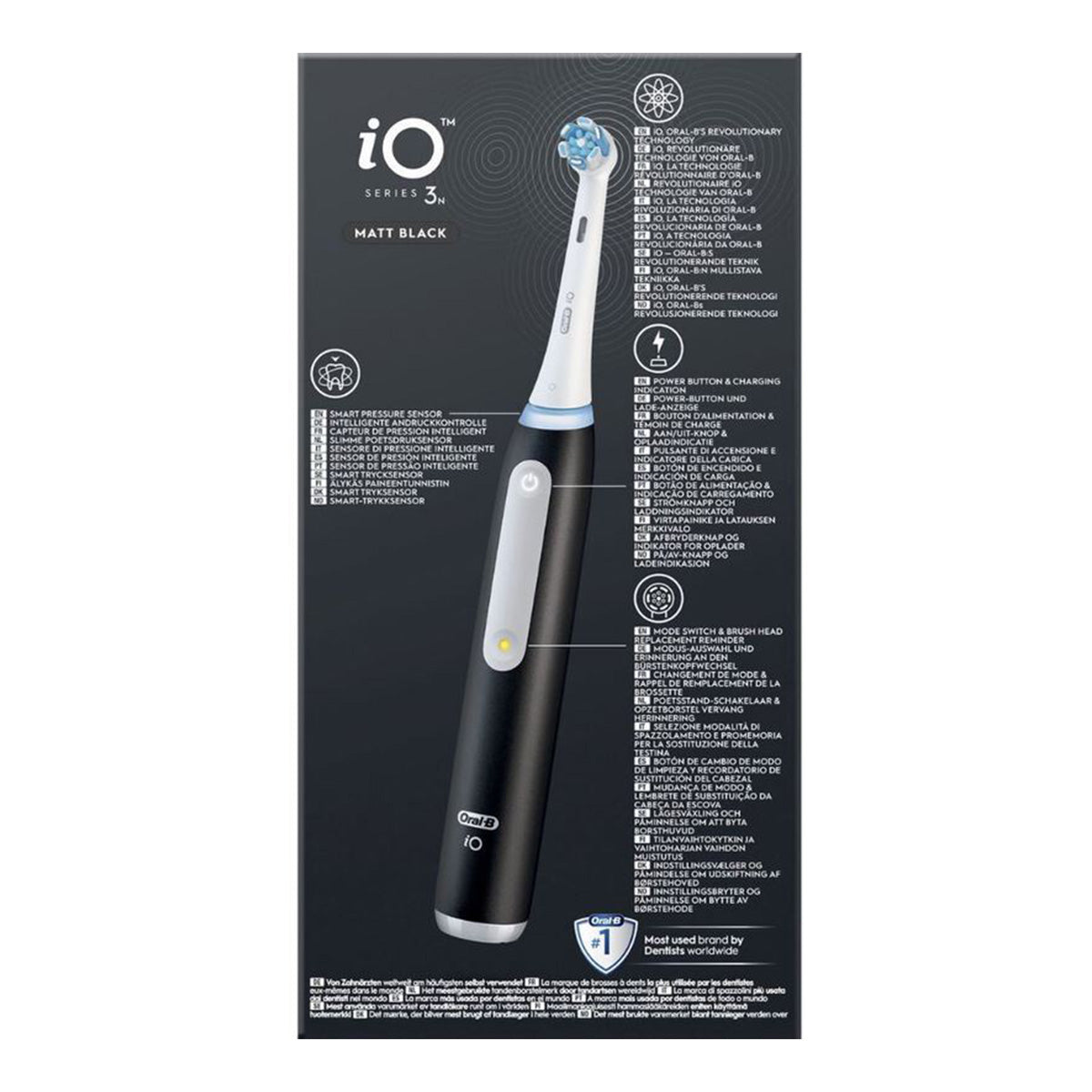 Oral-B iO 3n Zwart verpakking achterzijde met productkenmerken in meerdere talen