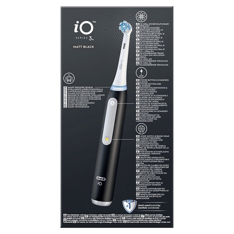 Oral-B iO 3n Zwart verpakking achterzijde met productkenmerken in meerdere talen