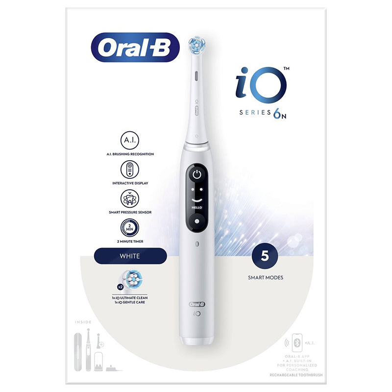 Oral-B iO 6n wit verpakking met elektrische tandenborstel en functie-iconen