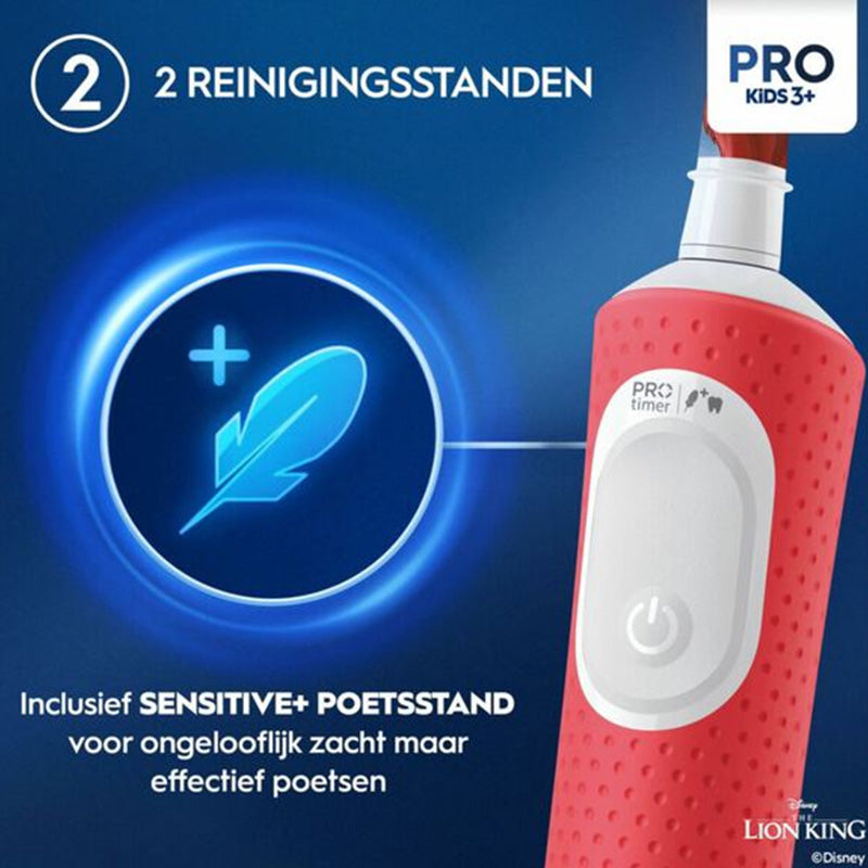 Oral-B Vitality Pro Kids Lion King rode borstel met Sensitive+ poetsstand uitleg