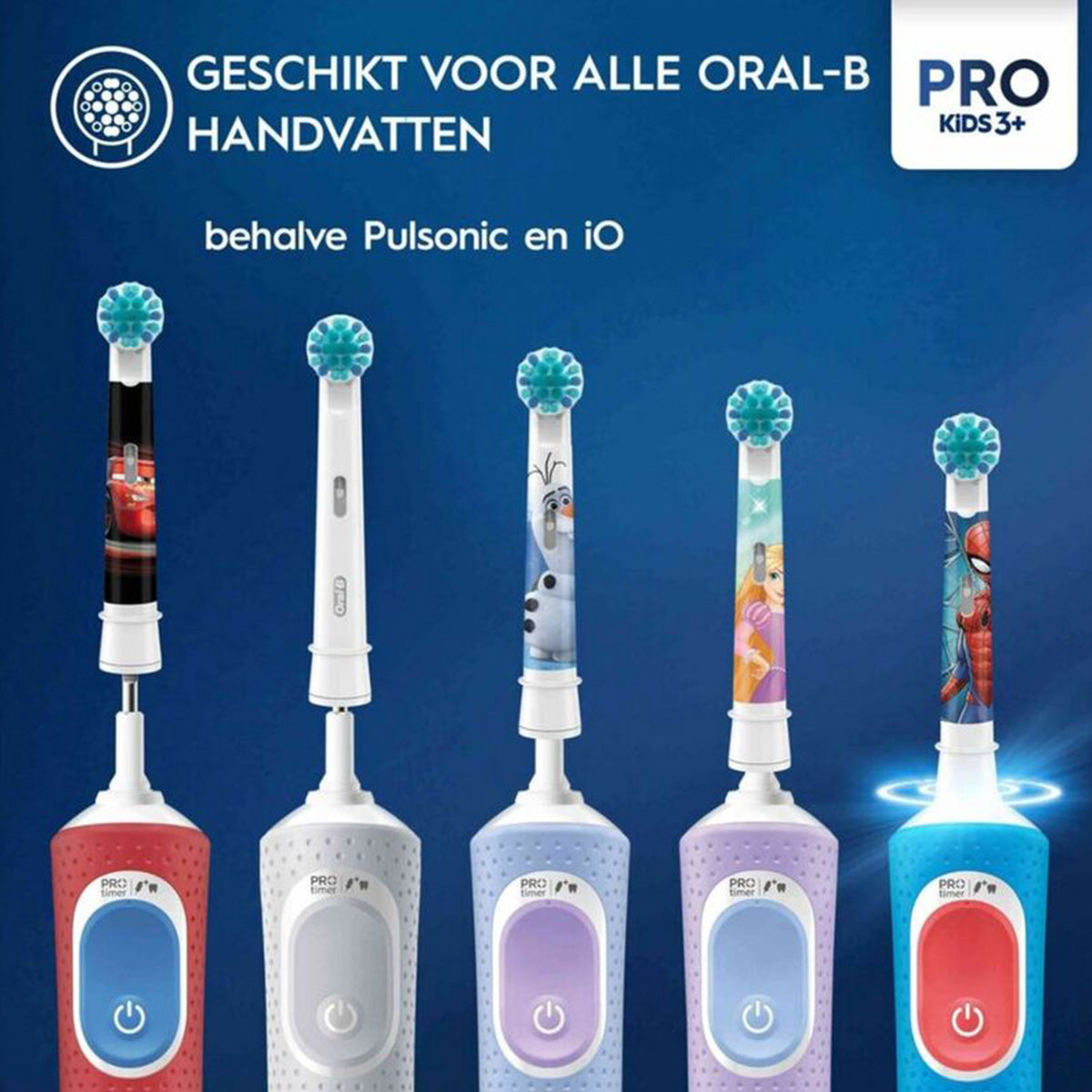 Oral-B Pro Kids opzetborstels met diverse thema's op vijf verschillende handvatten