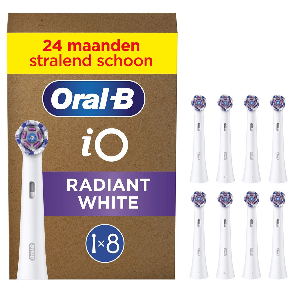 Oral-B iO Radiant White opzetborstels verpakking met acht opzetborstels ernaast
